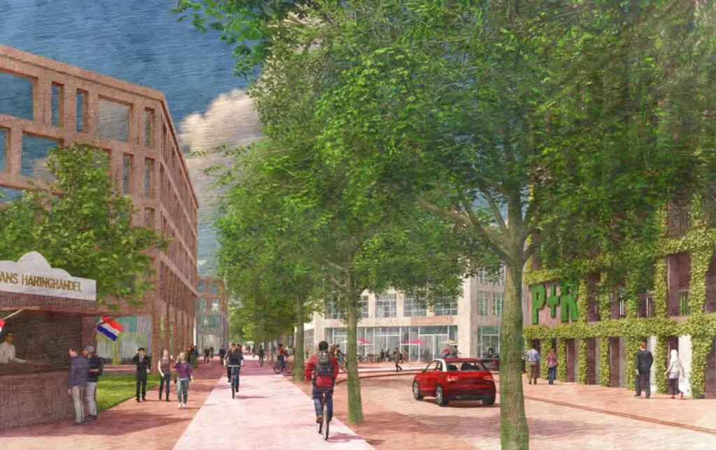 De afbeelding is een impressie van hoe het stationskwartier eruit kan gaan zien. Deze buurt biedt ruimte aan bedrijven en commerciële en maatschappelijke voorzieningen.